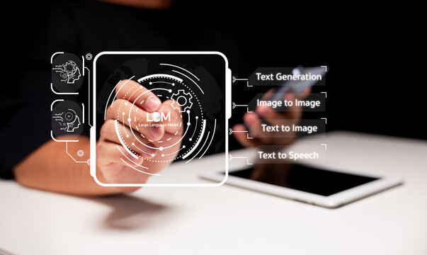 A person interacts with a futuristic touchscreen interface displaying Large Language Model (LLM) options like text generation, image-to-image, text-to-image, and text-to-speech.