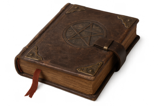 Leather-bound mystical tome featuring ornate metal pentagram, closed with intricate strap against isolated transparent backdrop