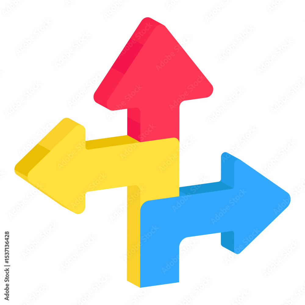 Poster dynamic 3d arrows pointing in diverse directions symbolizing complex choices, strategic decision mak
