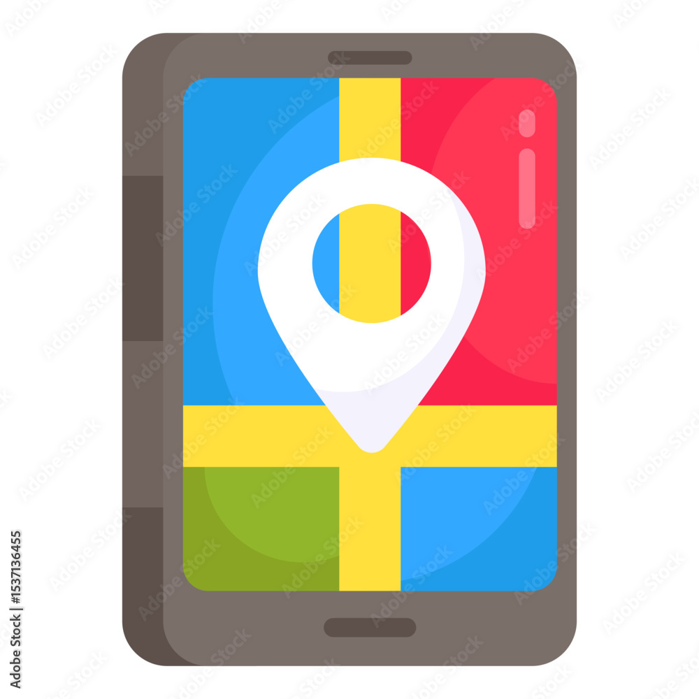 Poster mobile tablet displaying colorful map with prominent location pin icon for gps navigation