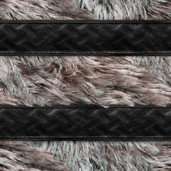 Seamless 4k photo material texture of light gray and red fur with leather embossed viking straps.