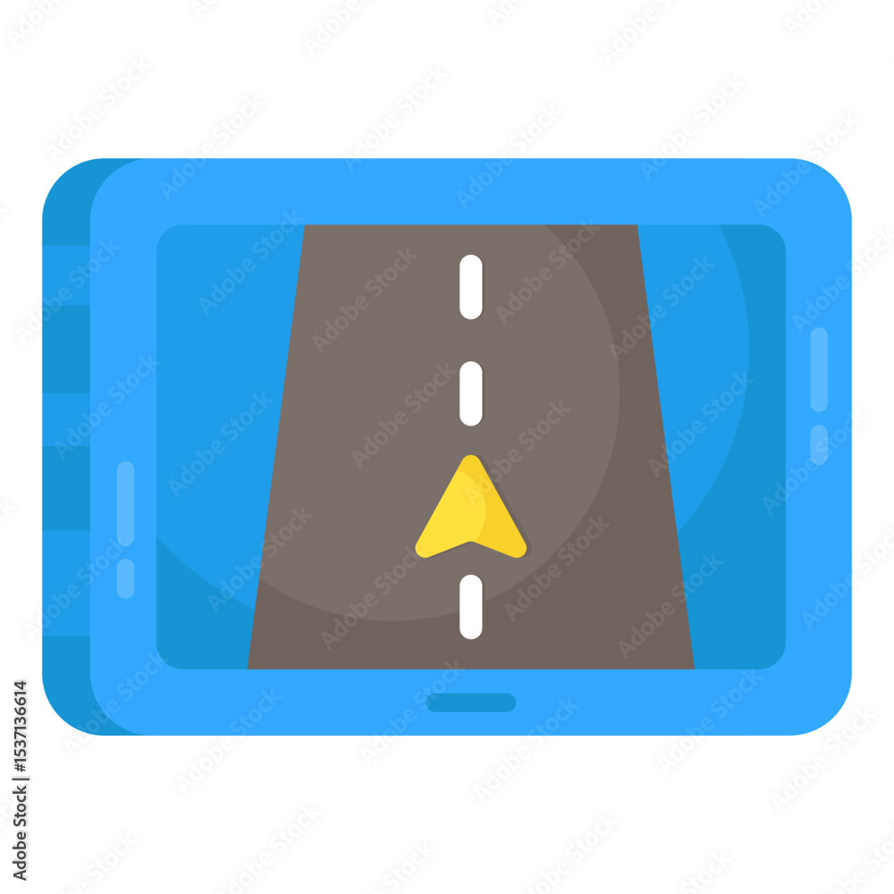 Poster smartphone navigation app interface showing road ahead directional arrow