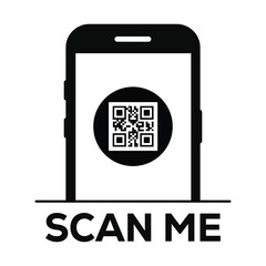 Minimalist black and white illustration: Smartphone silhouette centered on white, displaying a prominent QR code with scan lines. 