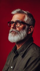 Portrait of an older man with a beard on a red background with copy space vertically 9:16