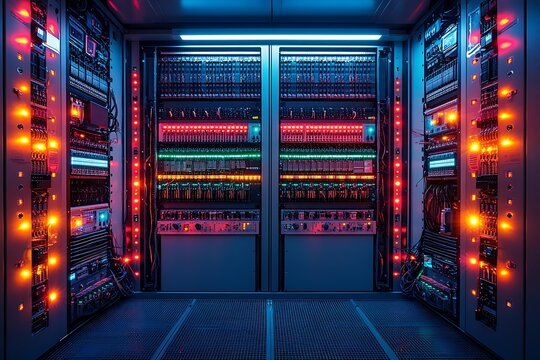 Interior view of a data center server room with colorful lights and advanced technology