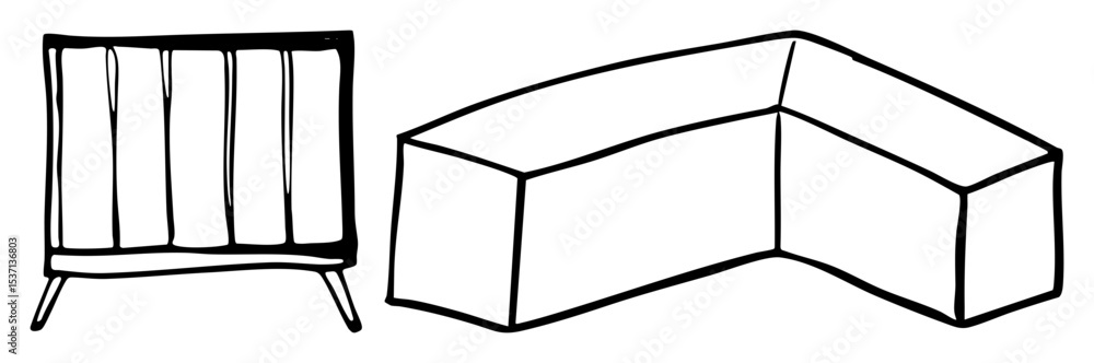 Poster vector furniture set including chair and sectional sofa in linear style.