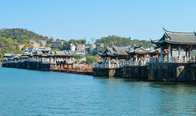 Obraz premium Panoramic view of Guangji Bridge, a famous historical site in Chaozhou, Guangdong, China