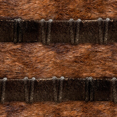 Seamless 4k photo material texture of brown fur with leather straps.