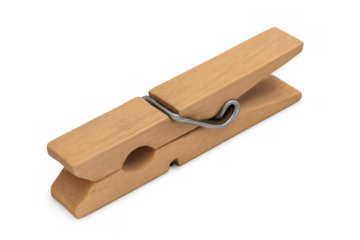 Single wooden clothespin with metal spring mechanism, isolated on transparent background, ready for use
