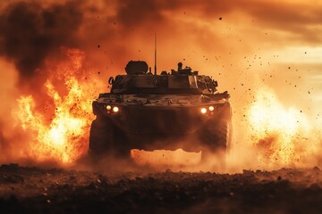 The armored vehicle navigates through the minefield during the war, creating a dramatic scene of flames. The poster, featuring a wide design, includes a space for the caption.