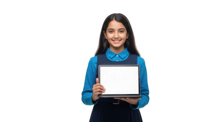 Stock photo of a smiling young girl holding a tablet with a blank screen isolated on black background arab child, middle east.  on transparent background