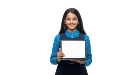 Stock photo of a smiling young girl holding a tablet with a blank screen isolated on black background arab child, middle east.  on transparent background