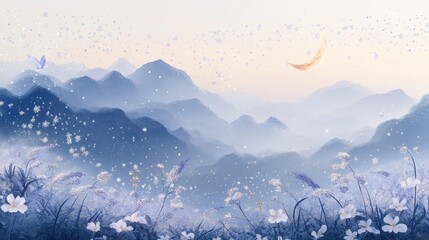Mystical Mountain Landscape with Blooming Flowers and Crescent Moon