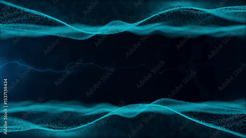 Poster abstract teal particle waves flowing on dark background with electric current