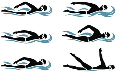 Colorful Swimming Icons Collection Featuring All Swim Styles for Sports & Education