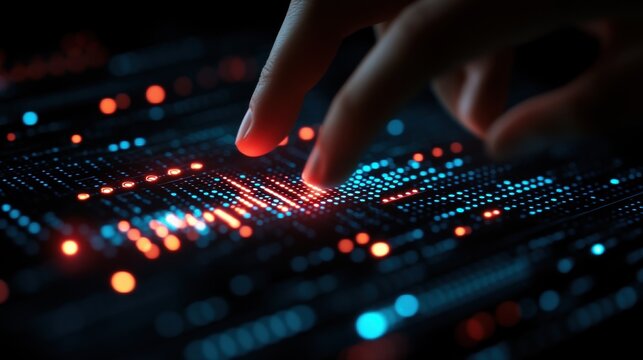 Hand adjusting sliders on a digital audio workstation with illuminated controls