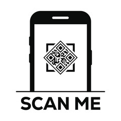 Minimalist black and white illustration: Smartphone silhouette centered on white, displaying a prominent QR code with scan lines. 