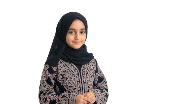 Portrait of a young muslim girl in hijab smiling with traditional dress against black background arab child, middle east.  on transparent background