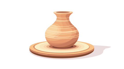 Digital illustration of a light brown clay vase sitting on a round potter's wheel. The vase has a slightly bulbous body and a narrow neck