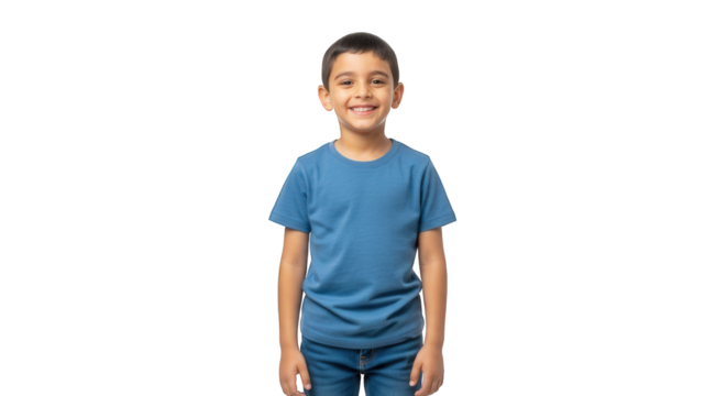 Smiling young boy portrait in blue shirt and jeans isolated on black background studio shot image arab child, middle east.  on transparent background
