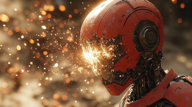 Robotic Head with Sparks Emitting from Its Face