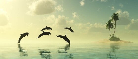 Dolphins, island with palm tree, dolphins jumping near island with palm tree at sunset, 3d rendering