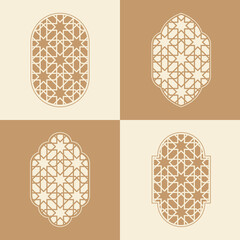 Elegant Islamic window arch vector, highlighting diverse arabesque geometric shapes and intricate patterns