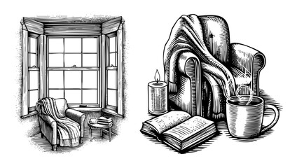 Vector Cozy reading with armchair book and candle .