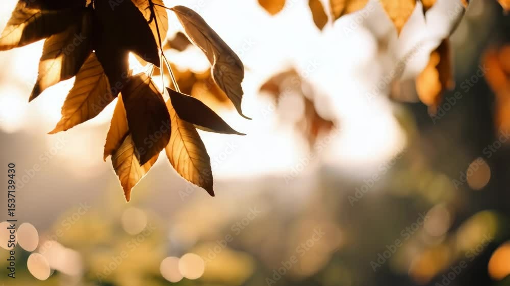 Poster warm sunlight filters through vibrant orange and yellow autumn leaves with soft bokeh background, cr