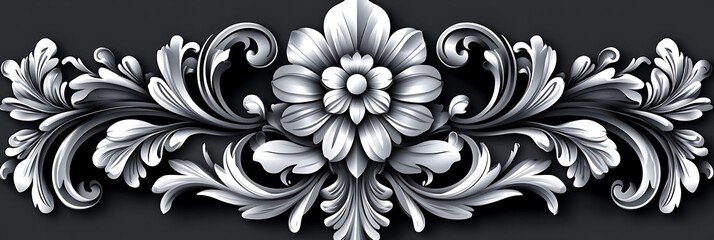 Silver Floral Ornament with Intricate Swirls and Petals on Black Background