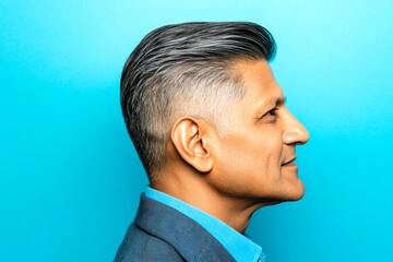 Fototapeta premium Blue solid background. An elegant midlife gentleman smiling gracefully. Conceptual art of style for aging men. Classy men's two-block cut haircut - midlife indian man with middle hair.