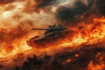 The armored vehicle navigates through the minefield during the war, creating a dramatic scene of flames. The poster, featuring a wide design, includes a space for the caption.