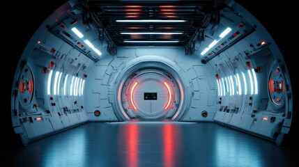 Futuristic Cyberpunk Tunnel: Symmetrical LED-lit Corridor with Open Door and Circular Walkway. Sci-fi Inspired Design featuring Red Light Beams and Holographic Elements. Perfect for Tech Events, Confe