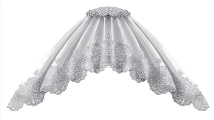 Studio shot of a white lace canopy, possibly for a crib or bed. The canopy is arched and features delicate lace trim along the edges.  The lace appears to have a scalloped or ruffled design.
