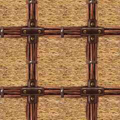 Seamless 4k photo material texture of light brown fur with leather straps mesh.