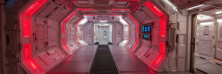 Futuristic Cyberpunk Tunnel: Symmetrical LED-lit Corridor with Open Door and Circular Walkway. Sci-fi Inspired Design featuring Red Light Beams and Holographic Elements. Perfect for Tech Events, Confe