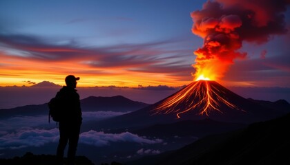 Fototapeta premium Erupting Volcano at Sunset Nature Landscape Silhouetted Person Gazing Dramatic Environment Scenic View
