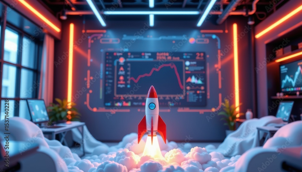 Poster rocket launch animation in a high-tech office digital graphics futuristic environment 3d view