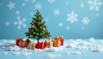 Festive Miniature Christmas Tree with Gifts Indoor Setting Holiday Decor Cheerful Atmosphere Close-up View