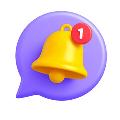 Fototapeta premium Notification icon with yellow bell, red alert badge, and purple chat bubble background, symbolizing new message or reminder, cheerful and modern style