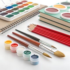 Obraz premium Art supplies arranged on a table. Includes watercolor paints, brushes, colored pencils, and sketchbooks. Ideal for creative projects and artistic expression.