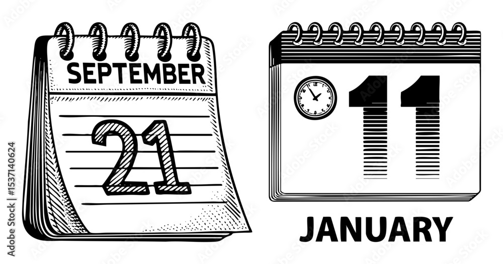 Poster vector calendar pages displaying september 21st and january 11th with clock .