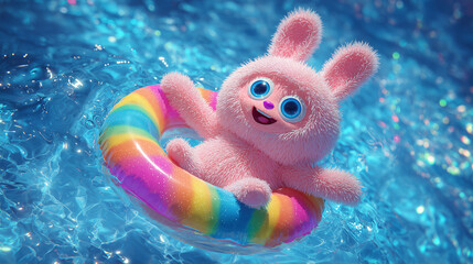 Fototapeta premium Cute Bunny Plush Floating in Pool 