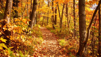 Fototapeta premium Golden glow woods trail with falling foliage.