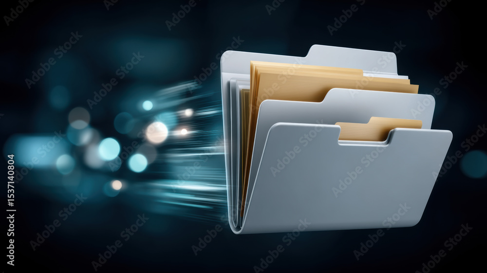 Poster digital folder with files flying fast, symbolizing data transfer and fast information exchange in te
