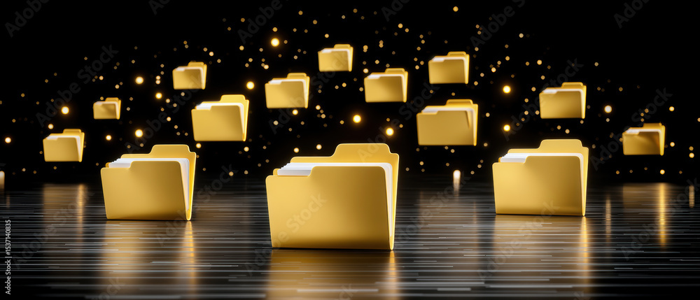 Poster digital file folder icons floating in dark space with glowing particles, symbolizing data storage an