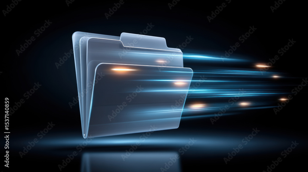 Poster digital folder with glowing light streaks representing fast data transfer and technology concept in 