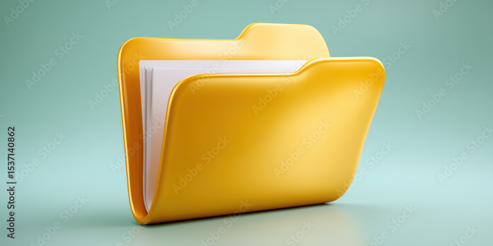 Poster yellow folder with white paper inside on blue background, symbolizing organization and document stor