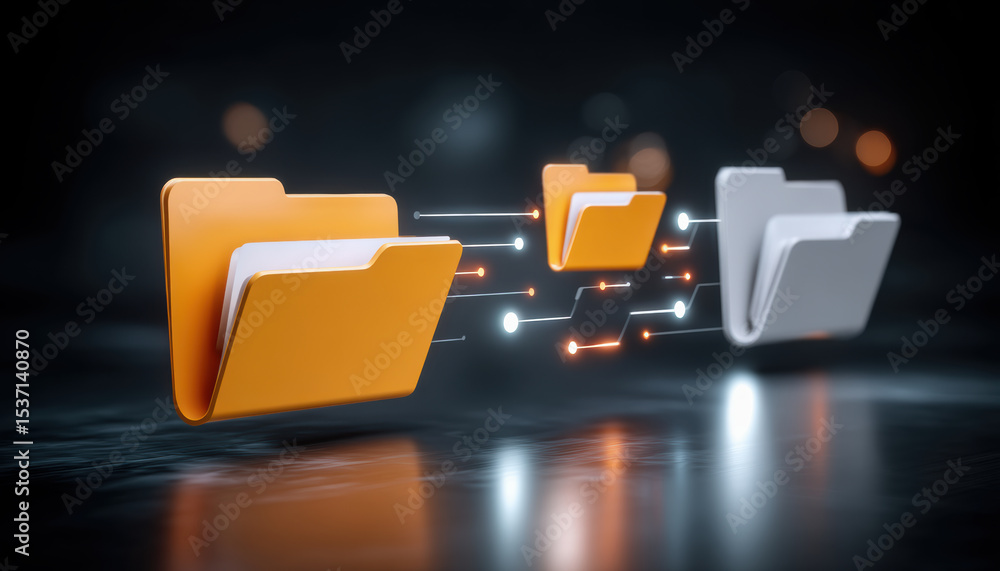 Poster digital file transfer concept with glowing connection lines between orange and gray folder icons dar