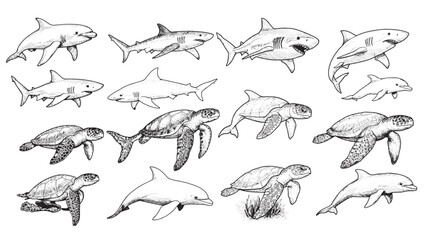 Engraved sea animal collection vintage marine aquatic ocean life elegant detailed classic bold illustration